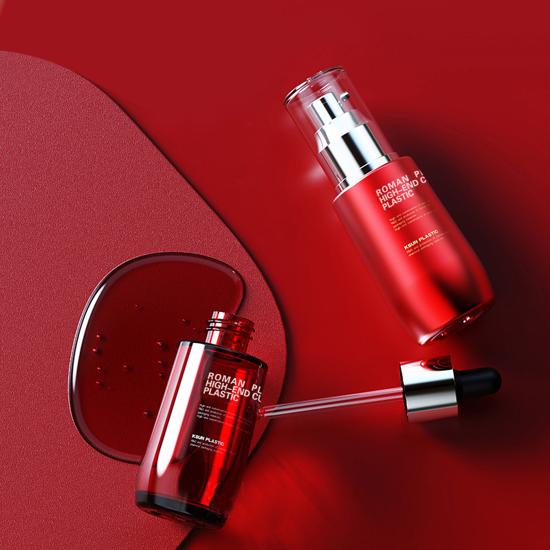 زجاجة زيت مستحضرات التجميل القابلة لإعادة الملء 50 مل زجاجة قطارة مصل العناية بالوجه PETG باللون الأحمر الخمري مع قطارة لمجموعة زجاجات الكريم