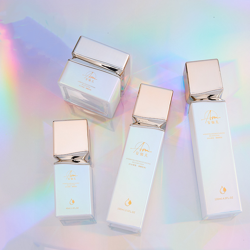 برطمان كريم زجاجي مربع بتأثير قزحي الألوان لكريم الوجه وكريم العين