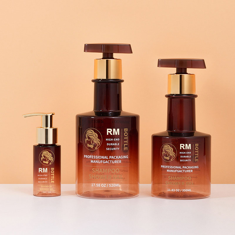 عينة مجانية من زجاجة الشامبو ذات الرقبة الطويلة والعنبر باللون الأسود والذهبي، زجاجة غسيل يدوية فارغة، زجاجات مضخة غسول الجسم البلاستيكية 300 مل 500 مل